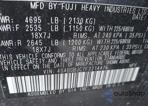 2015 Subaru Outback 2.5I Limited z USA, uszkodzony, nr VIN 4S4BSBJC7F3214476